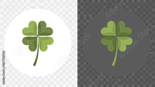 A four-leaf clover symbol of luck, presented in two contrasting circular backgrounds, one white and one dark.