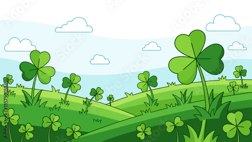 A vibrant illustration of a green landscape with rolling hills and numerous shamrocks under a cloudy sky.