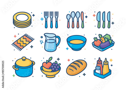 Colorful Family Table Display. Family table setup. Colorful isometric vector icons set of family table setup: plates stack, forks, spoons, knives, table