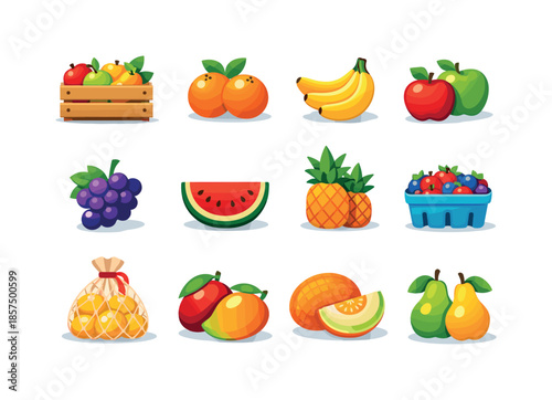 Colorful Market Fruits. Market Fruits. Colorful flat vector icons set of Market Fruits: fruit crate, oranges, bananas, apples, grapes, watermelon half,