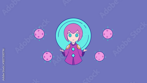 An enchanting cartoon character with pink hair and purple robes stands amidst glowing orbs and a vibrant teal aura in a magical space scene