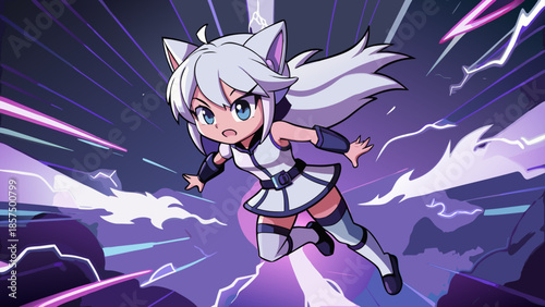Dynamic anime art featuring a cute chibi character with white hair and cat ears leaping through a powerful purple lightning storm background