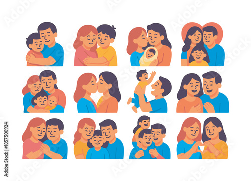 Family Love Icons. Family love. Colorful flat vector icons set of family love: parent-child hug, siblings cuddling, heartwarming family moment, parents holding