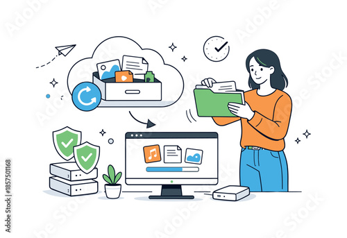 Cloud File Restoration. Cloud backup and recovery. A character restoring files from a cloud archive, showing safety copies and continuity. Calm, confident