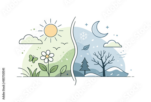 Balanced Seasonal Transition. Nature balance transition illustration. Abstract organic shapes divided into two seasonal states, gently meeting at the center.