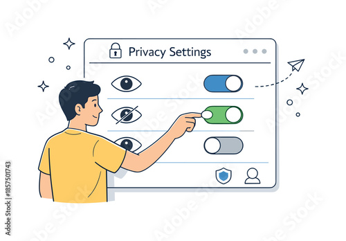 Privacy Settings Control. Online privacy. User adjusting privacy settings on a screen with toggles and eye icons, symbolizing control over personal