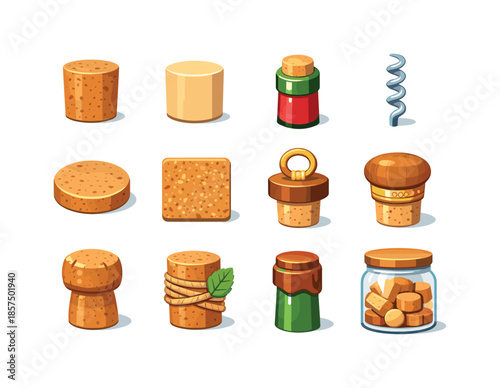 Colorful Cork Icons. Bottle cork. Colorful flat vector icons set of bottle cork: natural cork plug, synthetic cork, wine bottle top, corkscrew spiral, cork