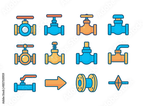 Industrial Valve Icons. Industrial Valves. Colorful flat vector icons set of Industrial Valves: ball valve, gate valve, globe valve, check valve, butterfly