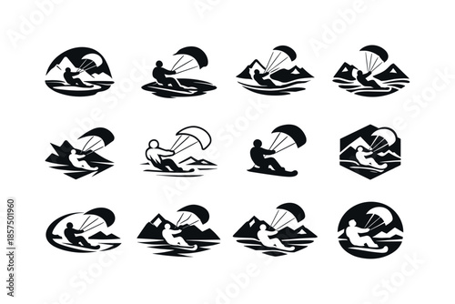 Snowkiting Icon Set. Snowkiting on frozen lakes. Icon set. Set Logo of snowkiting on frozen lakes: gliding rider silhouette. harmonious logo variations of the
