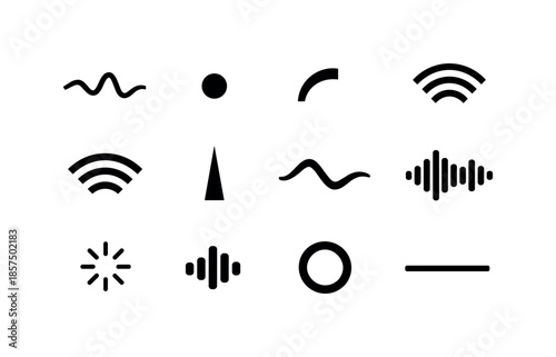 Minimalist Sound Icons. Minimalist sound symbols. Solid icon set of minimalist sound symbols: thin wave, tiny dot pulse, single arc, double arc, triple ripple,