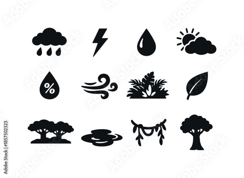 Tropical Climate Icons. Tropical rainforest climate. Solid icon set of tropical rainforest climate: rain cloud, lightning bolt, droplet icon, sun behind cloud,