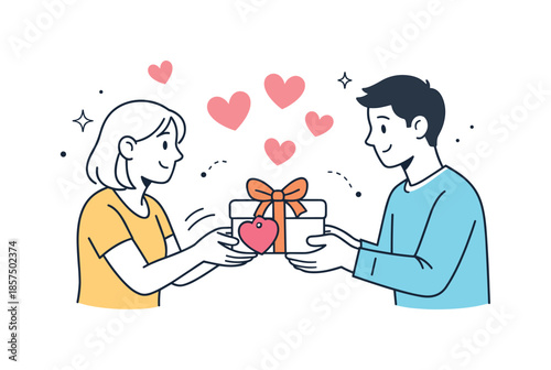 Heartfelt Gift Exchange. Romantic marketing concept. Couple illustrated as simple characters exchanging a gift with a heart-shaped tag, symbolizing emotional
