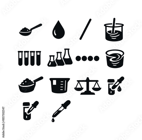 Solution Preparation Icons. Solution preparation. Solid icon set of Solution preparation: solute spoon, solvent droplet, mixing rod, stirring icon, dilution