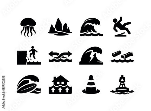 Beach Hazard Icons. Beach hazards. Solid icon set of beach hazards: jellyfish warning, sharp rocks, strong surf sign, slippery area, deep drop-off marker,