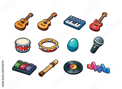 Colorful Indie Instruments. Indie instruments. Colorful isometric vector icons set of indie instruments: acoustic guitar, ukulele, synth keys, bass guitar, tom