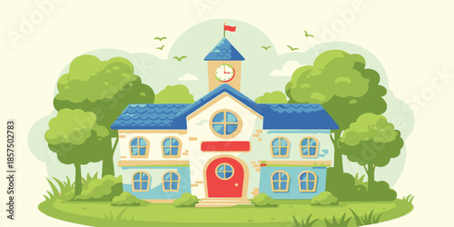 A summer landscape illustration featuring a cartoon vector cottage on a green hill and a village home nestled in a forest meadow under a blue sky