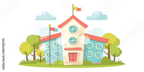Cartoon vector illustration of a fairy tale castle and house featuring a summer landscape with green grass, trees, and a bright sun over a charming village estate design