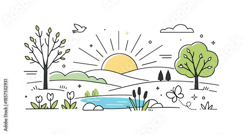 Spring Awakening Landscape. First sunlight of spring. An editorial scene showing sun rays warming the land, with trees and plants beginning to awaken after