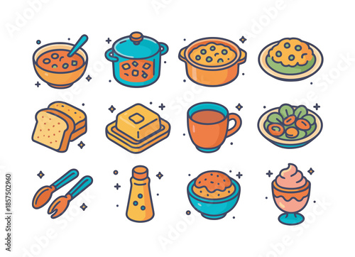 Colorful Comfort Food Icons. Comfort food meal. Colorful isometric vector icons set of comfort food meal: soup bowl, stew pot, casserole pan, mashed
