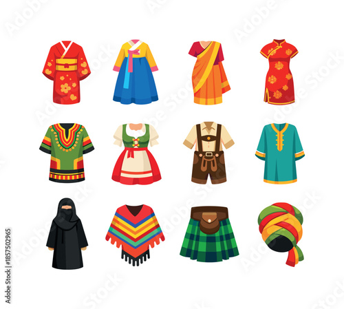 Cultural Dress Icons. Cultural Dress. Colorful flat vector icons set of Cultural Dress: kimono, hanbok, sari, qipao, dashiki, dirndl, lederhosen, kaftan,