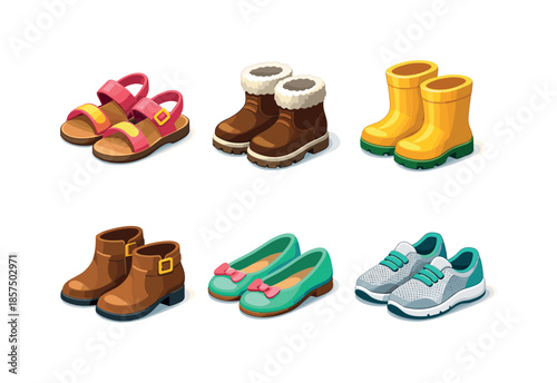 Seasonal Footwear Icons. Seasonal Footwear. Isometric flat vector icons set of Seasonal Footwear: summer sandals, winter boots, rain boots, autumn ankle boots,