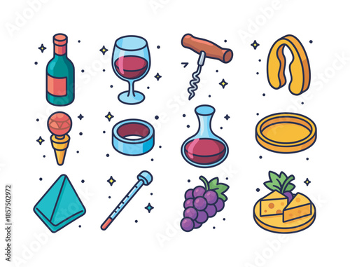 Colorful Wine Icon Set. Red wine serving set. Colorful isometric vector icons set of red wine serving set: bottle of red wine, filled red wine glass, corkscrew