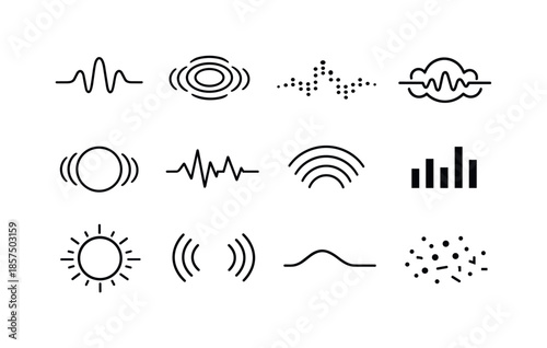 Abstract Sound Icons. Abstract shapes and colors representing sound. Line icon set of abstract shapes and colors representing sound: wave crest, tonal ripple,