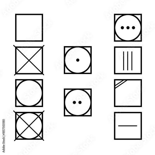 A set of drying symbols. Acceptable methods for removing moisture after washing. Correct tumble or natural drying cycles. Information on garment labels. Garment labeling. Warning symbol.