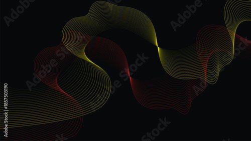 Intertwined red and yellow smooth wave lines flow across a deep black background