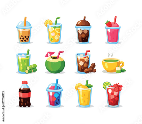 Colorful Street Drinks Icons. Street Drinks. Colorful flat vector icons set of Street Drinks: bubble tea cup, fresh lemonade, iced coffee cup, fruit smoothie,