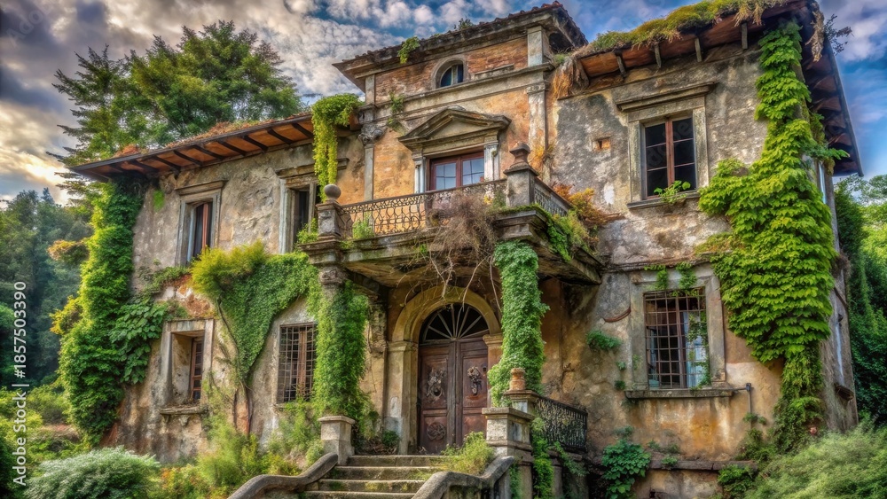 Fototapeta premium An Overgrown Abandoned Mansion with Weathered Stone Facade, Ivy-Covered Walls, and Ancient Wooden Doors