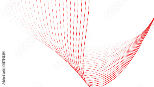 Numerous red dots generate a powerful curving motion extending from the bottom right on white