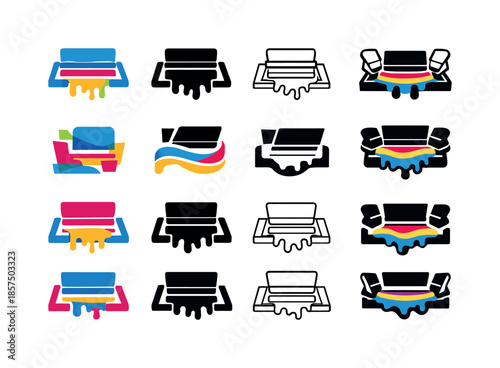 Screen Print Logo Variations. artwork with a screen press. Icon set. Set Logo of artwork with a screen press: layered color print. harmonious logo variations