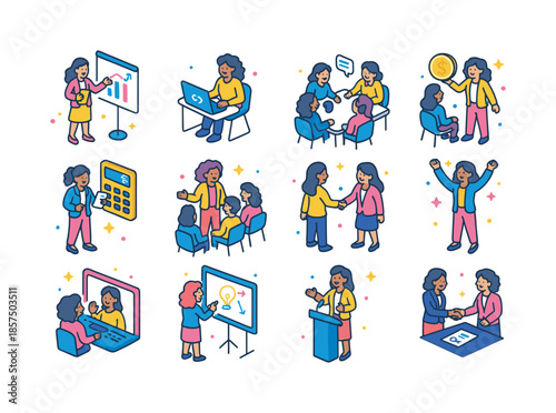 Female Founders Icons. Female founders. Colorful isometric vector icons set of Female founders: woman presenting pitch, woman coding at laptop, woman leading