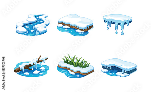 Icy Stream Icons. Rivers & streams melting ice. Isometric flat vector icons set of Rivers & streams melting ice: icy stream curve, snow-covered shore, melting