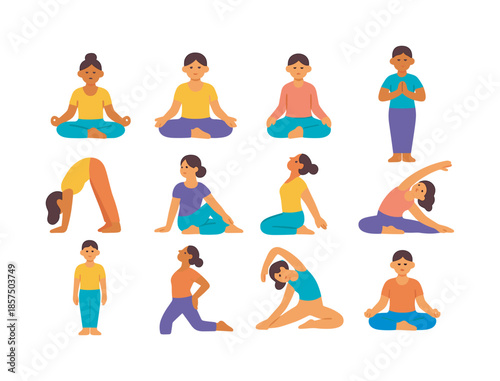 Mindful Yoga Icons. Mindful yoga. Colorful flat vector icons set of mindful yoga: seated lotus, easy pose, kneeling meditation, standing breath pose, forward