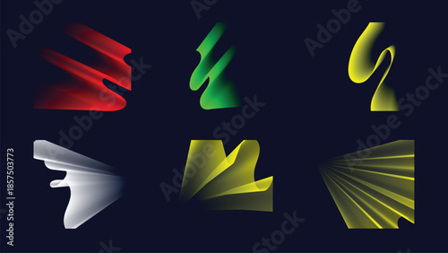 Six flowing abstract gradient shapes with undulating lines create a dynamic visual on a deep blue canvas