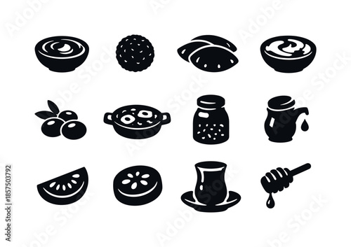 Middle Eastern Breakfast Icons. Middle Eastern breakfast. Solid icon set of Middle Eastern breakfast: hummus bowl, falafel ball, pita bread, labneh bowl,