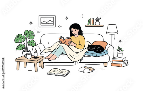 Cozy Minimalist Living Room. Cozy home lifestyle illustration. Minimal living room with soft blankets, plants, and books scattered around, conveying warmth,