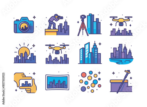 City Photography Icons. Modern city skyline photo shoots. Colorful isometric vector icons set of modern city skyline photo shoots: skyline silhouette with