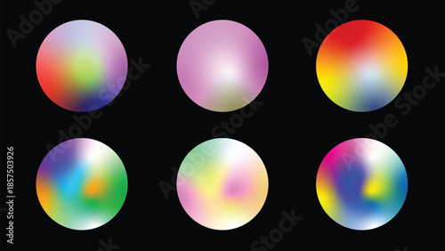 Six vibrant gradient spheres display dynamic color blends and soft transitions on a dark background