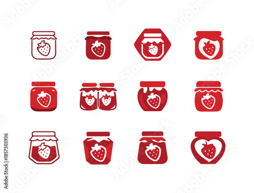 Strawberry Jam Icons. Jam. Icon set. Set Logo of Jam: strawberry jam jar. harmonious logo variations of the same emblematic concept, each with different