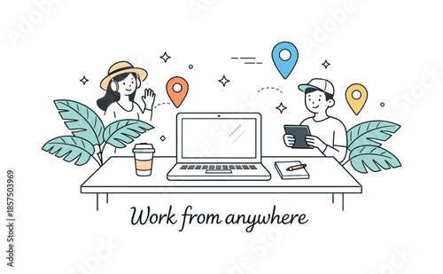 Remote Work Bliss. Work from anywhere concept. A laptop placed on a simple desk with palm leaves and location pin icons around. Relaxed productivity and