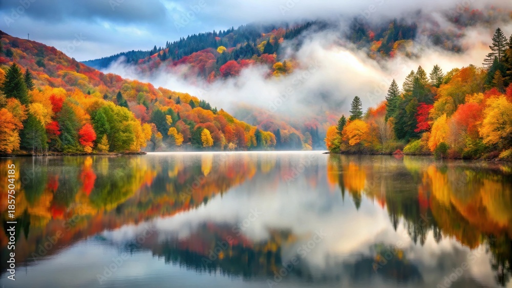 Obraz premium Serene autumnal landscape reflecting in a still lake, enveloped in a mystical morning mist, showcasing a vibrant tapestry of fall foliage on the hillsides