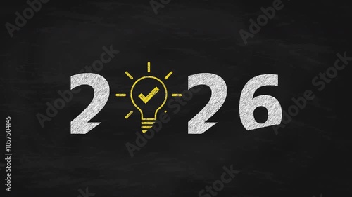2026 Chalk Write-on Animation on Blackboard With Yellow Light Bulb and Check Mark Symbol