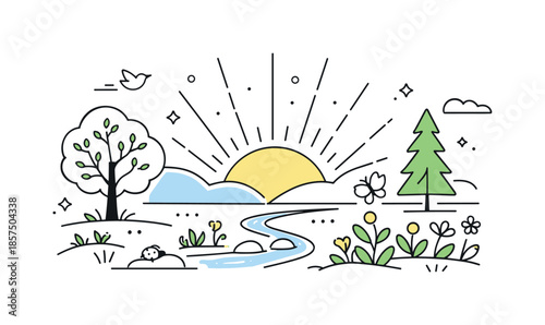 Spring Awakening Landscape. First sunlight of spring. An editorial scene showing sun rays warming the land, with trees and plants beginning to awaken after