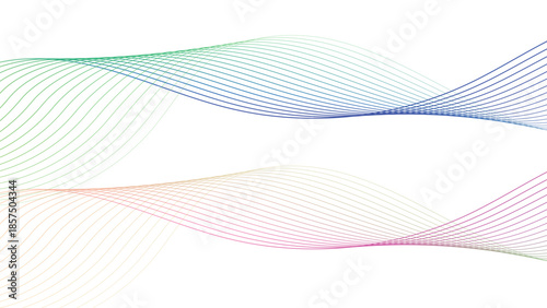Two separate multi colored flowing wave lines with smooth gradients gracefully undulate on a pristine white backdrop