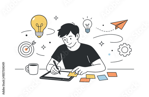 Creative Entrepreneurial Workspace. Entrepreneurial mindset. A solo founder sketching ideas on sticky notes and a tablet. Focused creativity and optimism,