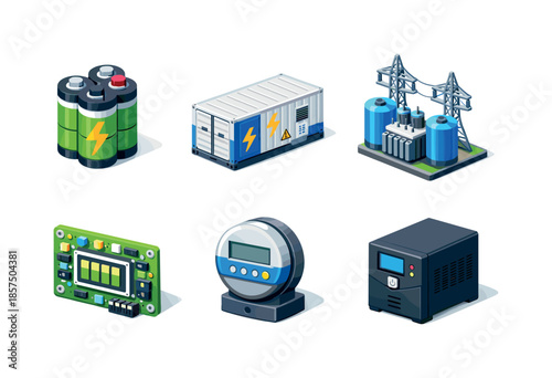Colorful Energy Icons Grid. Energy storage. Isometric flat vector icons set of energy storage: lithium-ion battery, power storage container, grid energy