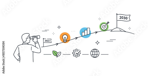 Future Vision Timeline. Long-term outlook and vision. Leader reviewing future milestones on a timeline, optimistic and steady mood. Arrows and horizon-like